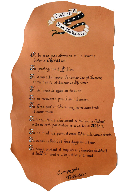 Commande spéciale Compagnie Feal Compaings "Code de la Chevalerie" calligraphie et décor sur cuir