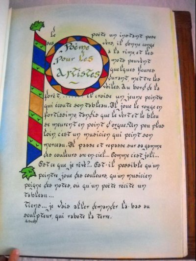 Calligraphie poème pour les artistes, lettre enluminée, extrait livre artiste fait main, exemplaire unique