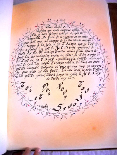 Texte de Sophie Fuchs, calligraphie fantaisie pour livre artiste, commande spéciale
